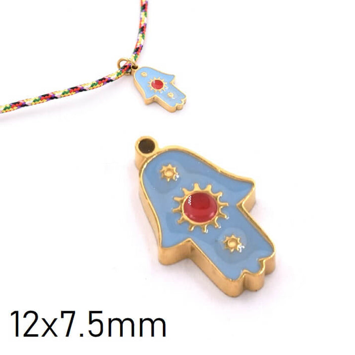 Pendentif main de Fatma émail et acier inoxydable doré 12x7.5mm (1)