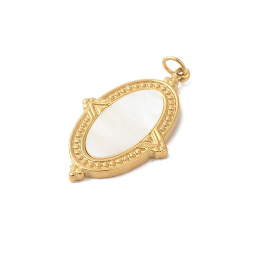 Kaufen Sie Perlen in der Schweiz Ovaler Anhänger aus goldenem Edelstahl weiße Muschel flacher Cabochon - 25 mm (1)