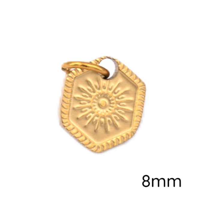 Pendentif hexagone gravé en acier inoxydable doré 8mm - Trou: 2mm (1)