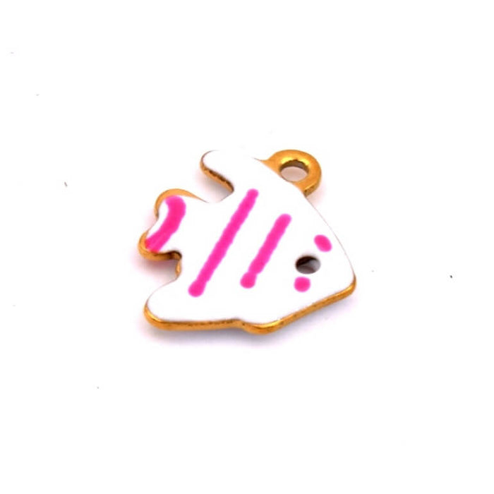 Pendentif poisson doré émail blanc rayé rose 12mm - Trou: 1mm (1)