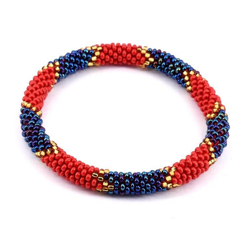 Kaufen Sie Perlen in der Schweiz Nepalesischer gehäkelter Armreif, roter und blauer Chevron, 65 mm (1)