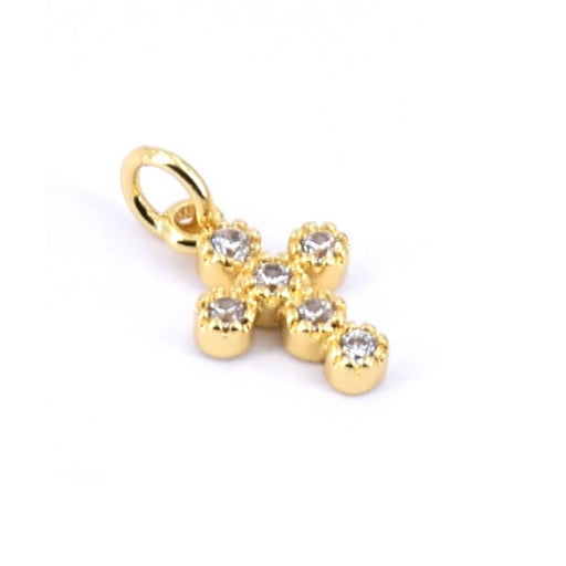 Kaufen Sie Perlen in der Schweiz Charm Anhänger Kreuz Messing Flash Gold – 6 Zirkone – 12 x 8 mm (1)