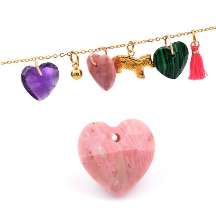 Pendentif coeur à facettes en rhodonite 13mm - Trou: 1mm (1)