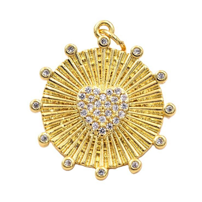 Runder Anhänger mit Herz - Goldene Farbe Messing und Zirkonia 20mm - Loch: 2mm (1)
