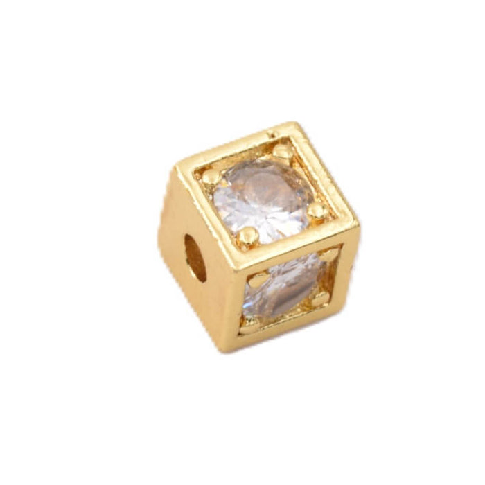 Perle cube en laiton doré et zircons 7mm - Trou: 2mm (1)