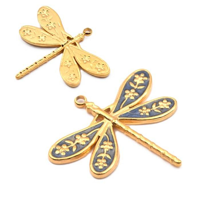 Pendentif libellule en acier inoxydable doré et émail bleu 27x24mm (1)