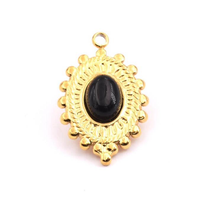 Pendentif Ovale Perlé Acier Inoxydable doré Or et Cabochon Onyx Noir 20x15mm (1)