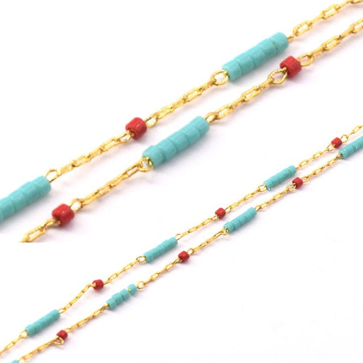 Kaufen Sie Perlen in der Schweiz Kette Golden Steel und Miyuki Delica Rot und Türkis (20cm)
