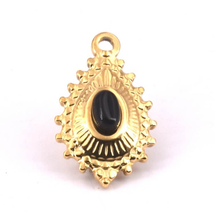 Pendentif Goutte Perlé Acier Doré et Cabochon Pierre Noire 19x14mm (1)