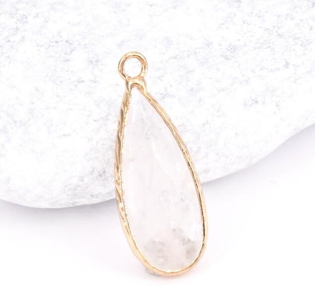 Pendentif Quartz Serti Laiton doré or fin, Goutte 30mm (1)