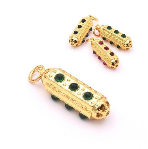 Kaufen Sie Perlen in der Schweiz Sechskant-Zylinder-Anhänger 18K vergoldet Sechskant-Zylinder-Anhänger, 19x7 mm, grüne Zirkone (1)