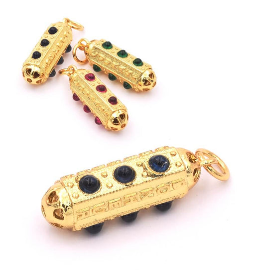 Kaufen Sie Perlen in der Schweiz Sechseckiger Zylinder Anhänger 18K vergoldet, 19x7mm, dunkelblaue Zirkone (1)