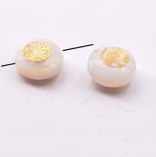 Kaufen Sie Perlen in der Schweiz Flache runde Muschelperle mit goldenem Lebensbaum 9 x 3,5 mm, Loch 0,8 mm (2)