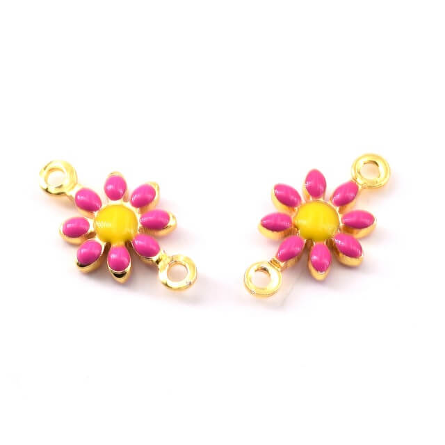 Gänseblümchen-Blumen Verbinder FUSHIA Emaille Goldenes Messing 7 mm (2)