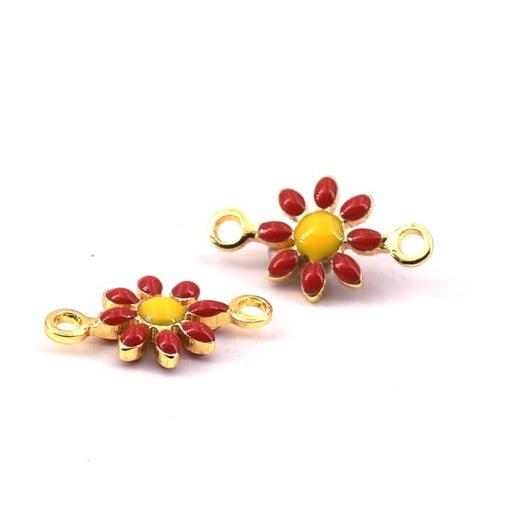 Kaufen Sie Perlen in der Schweiz Gänseblümchen Blume Charm Verbinder Messing Gold Rot Emaille 7mm (2)