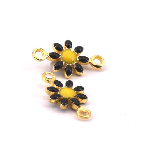 Kaufen Sie Perlen in der Schweiz Gänseblümchen-Blumen-Charm-Verbindungsstück Messing Gold Schwarz Emaille 7 mm (2)