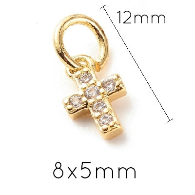 Kaufen Sie Perlen in der Schweiz Charm-Anhänger Kreuz Goldenes Messing - 6 Zirkone - 8x5mm (1)