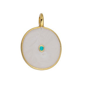 Pendentif ovale émail blanc et turquoise doré à l'or fin 20x21mm (1)