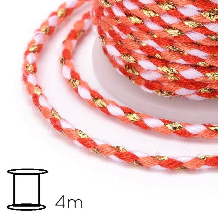 Cordon Coton Tressé Fil Doré, Orange et Blanc - 2mm (Bobine 4m)