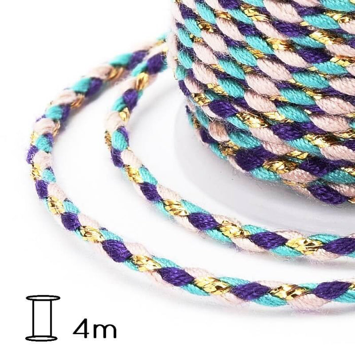 Cordon Coton Tressé Fil Doré, Turquoise et Violet - 2mm (Bobine 4m)