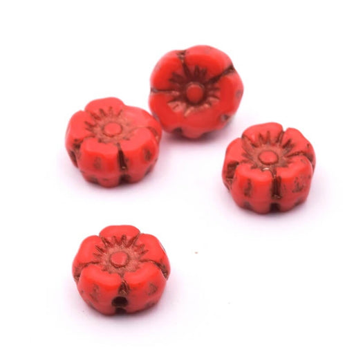 Kaufen Sie Perlen in der Schweiz Tschechisches Druckglas Hibiscus Rot and Bronze 7mm (4)