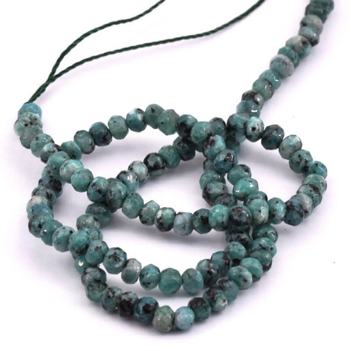 Kaufen Sie Perlen in der Schweiz Rondelle Perlen facettierte Jade gefärbt, PicassoTürkis – 4 x 2,5 mm – Loch: 1 mm (1 Strang – 34 cm)