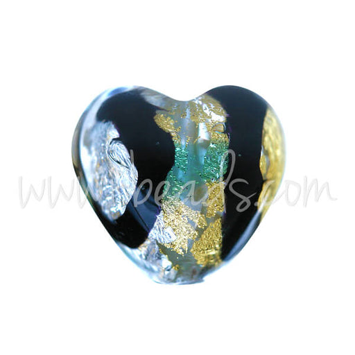 Achat Perle de Murano coeur noir bleu et argent or 10mm (1)