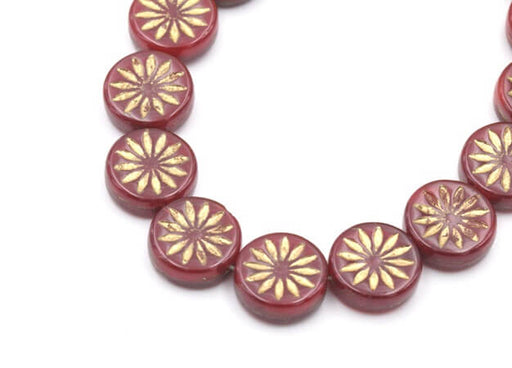 Kaufen Sie Perlen in der Schweiz Tschechisches Druckglas Blume rot und gold 12mm (4)