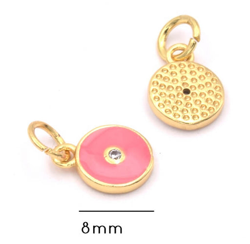 Charm, pendentif breloque doré or fin qualité - zircon strass - émail ROSE 8 mm (1)