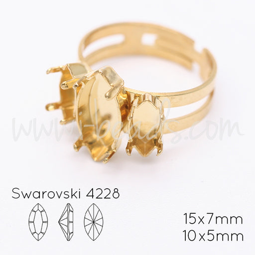Verstellbare Ringfassung für Swarovski 4228 Rübchen 15x7mm und 10x5mm gold-plattiert (1)