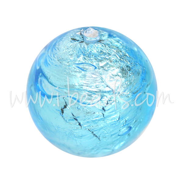 Murano Glasperle Rund Aquamarin und Silber 12mm (1)