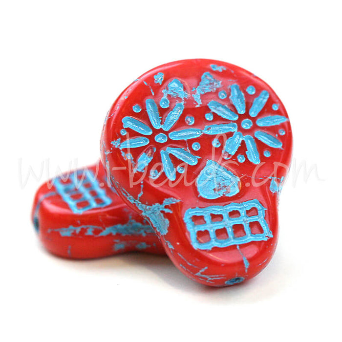 Tschechisches Druckglas Sugar Skull Rot Blau 15x19mm (2)