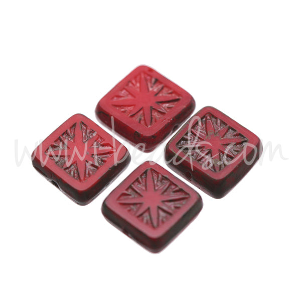 Tschechisches Druckglas Quadrat mit Stern Rot und Picasso 10mm (4)