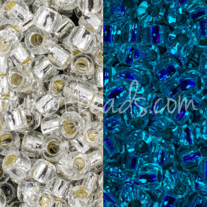 ccPF2701S - perles de rocaille Toho 11/0 Glow in the dark silver-lined crystal/glow blue permanent finish (10g)