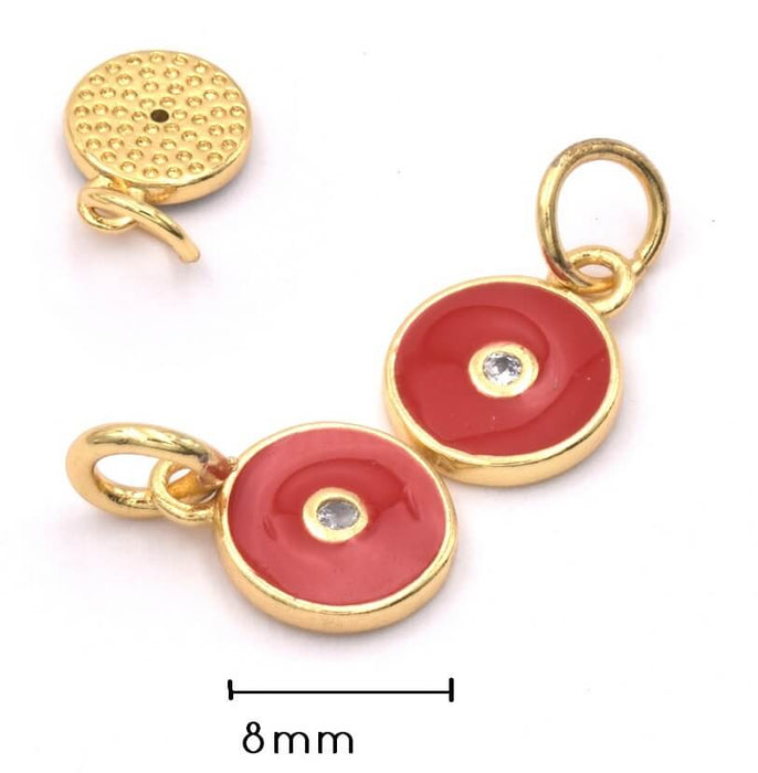 Charm, pendentif breloque doré or fin qualité - zircon strass - émail ROUGE 8 mm (1)