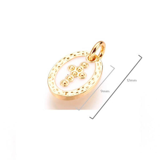 Kaufen Sie Perlen in der Schweiz Charm, Anhänger aus goldenem Messing und weißer Emaille mit Kreuz 9mm + Ring (1)