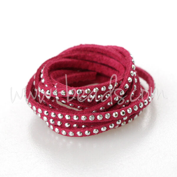 Cordon suédine strassé fuchsia 3mm (1m)