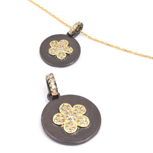 Kaufen Sie Perlen in der Schweiz Medaille aus schwarz lackiertem Messing und mit Zirkon gepflasterter Blume 17 + 4 mm (1)