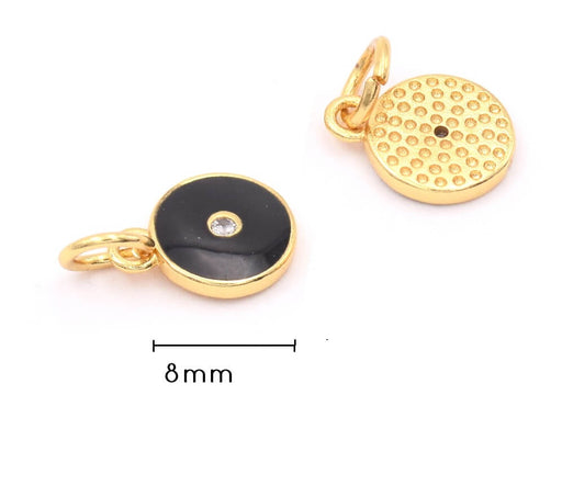 Charm, pendentif breloque doré or fin qualité - zircon strass - émail NOIR 8 mm (1)