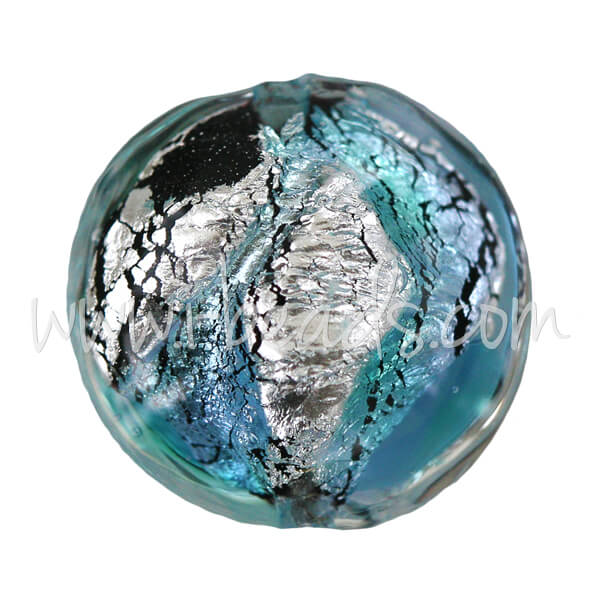 Murano Glasperle Linse Blau und Silber 14mm (1)