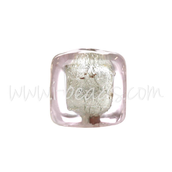Perle de Murano cube cristal rose clair et argent 6mm (1)