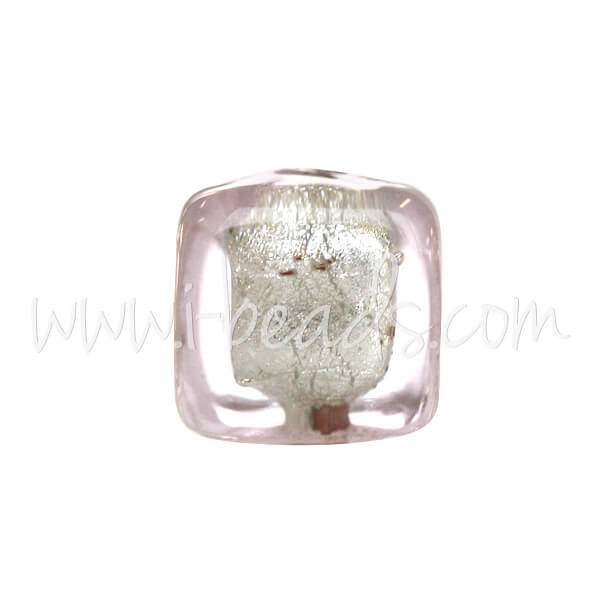 Murano Glasperle Würfel Crystal Soft Pink und Silber 6mm (1)