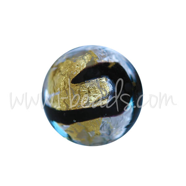 Murano Glasperle Rund Schwarz Blau und Silber Gold 8mm (1)