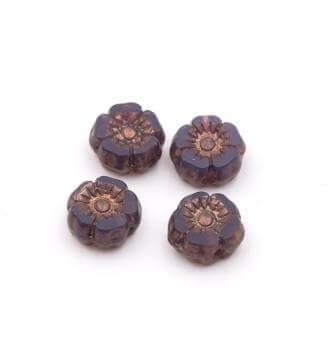 Perles en verre de Bohême fleur d'hibiscus violet opaline et bronze 7mm (4)