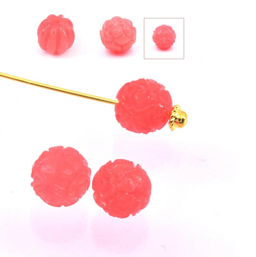 Kaufen Sie Perlen in der Schweiz Runde Perle geschnitzt Shell Blume gefärbt rosa Koralle 8 mm, Trou 1 mm (2)