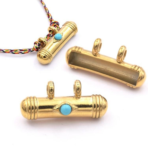 Kaufen Sie Perlen in der Schweiz Ethnischer Röhrenanhänger mit 2 Ringen, türkis goldfarbener Edelstahl, 33 x 15 mm (1)