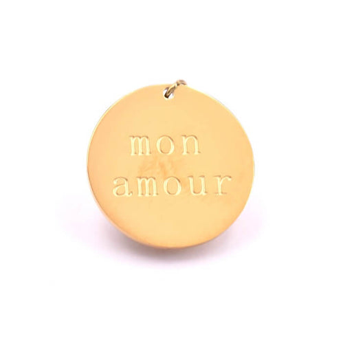 Kaufen Sie Perlen in der Schweiz Anhänger Medaille mit Gravur „Mon Amour“ aus goldenem Stahl – 20 mm (1)