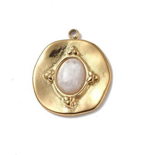 Pendentif rond acier inoxydable avec cabochon jade blanc 19.5x16.5mm (1)