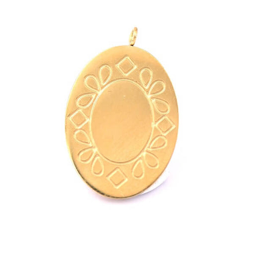 Kaufen Sie Perlen in der Schweiz Ovaler Anhänger aus vergoldetem Stahl mit Gravur, 26 x 17 mm – Loch: 1,8 mm (1)
