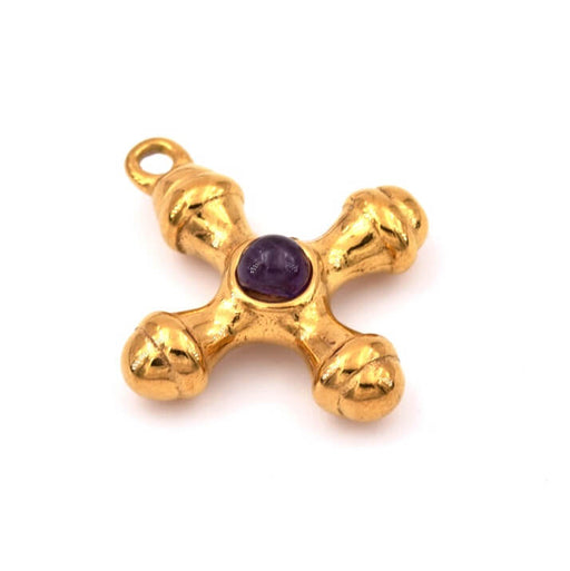 Achat Pendentif croix acier inoxydable doré et améthyste 24mm (1)